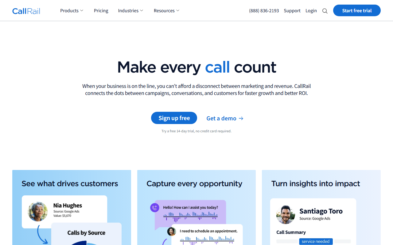 Screenshot of the CallRail homepage captured for this review